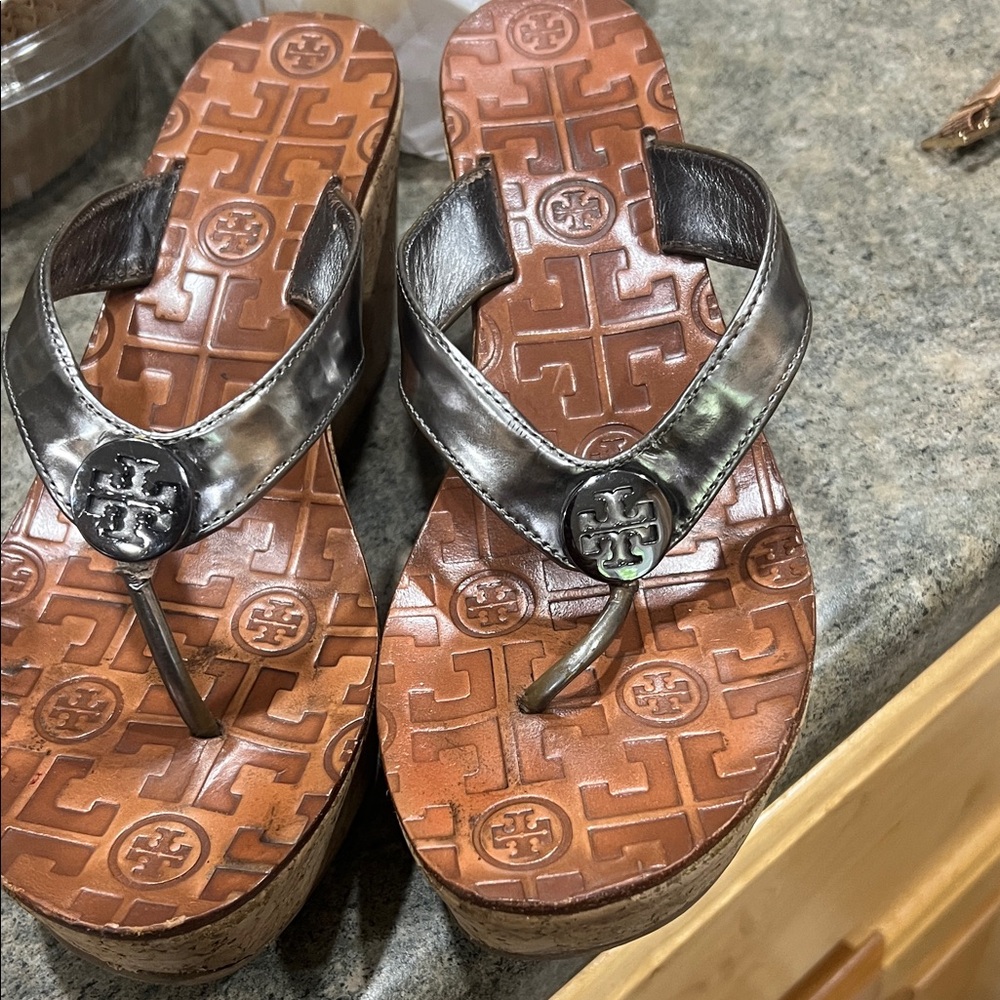 Tory Burch Metallic Silver and Brown Sandals
